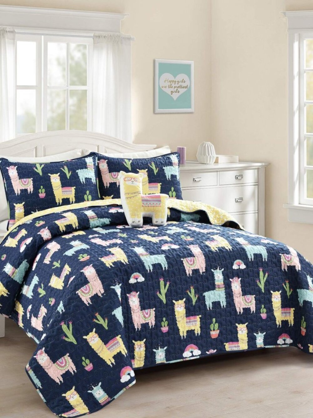 Southwest Llama Cactus Quilt, 4 Piece Set, Full/ Queen, Navy & Yellow - Cute